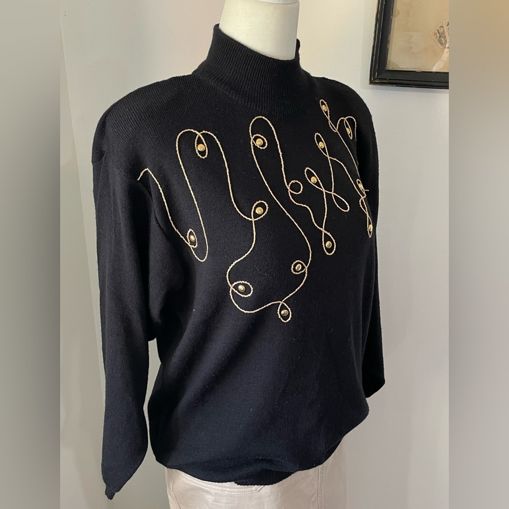 Vintage Adolfo Collectibles Sweater 1980s Mockneck Sweater Black and Gold Size M
